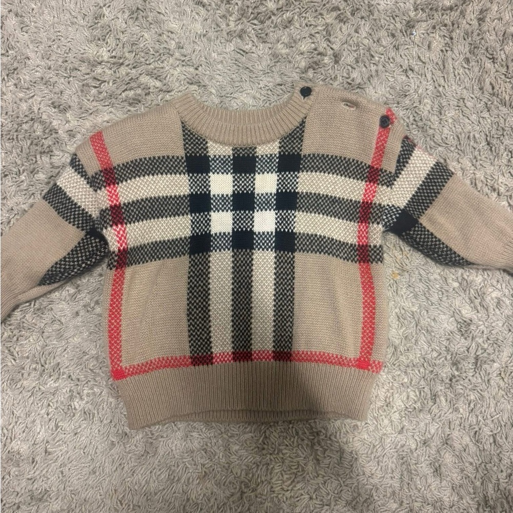 Burberry Beige Plaid Knit Sweater with Black, White and Red Accents